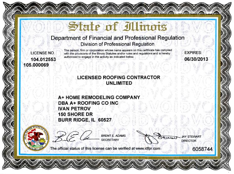 2013 IL License with dba A+Roofing